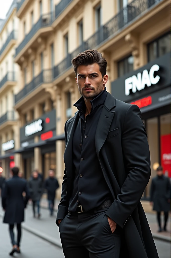 Sexy brunette man in front of Fnac on the Champs Elysees 