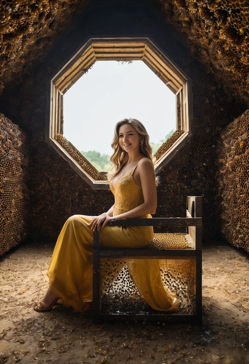 With CrystalSense technology and AI Quantum Reality Technology.A beautiful woman is in an abandoned honey bee hive, where the walls of the room are a place to store fresh honey. In the honey bee nest there is a very beautiful and majestic honey bee royal throne and the beautiful woman smiles while sitting on the throne. Phase One XF IQ4 150MP, Schneider Kreuznach 80mm LS f/2.8..Natural lighting, (direct light:0.4), 8mm film grain, photographed on a Sony a9 II, 24mm lens, f/2.8 aperture, Deep focus,