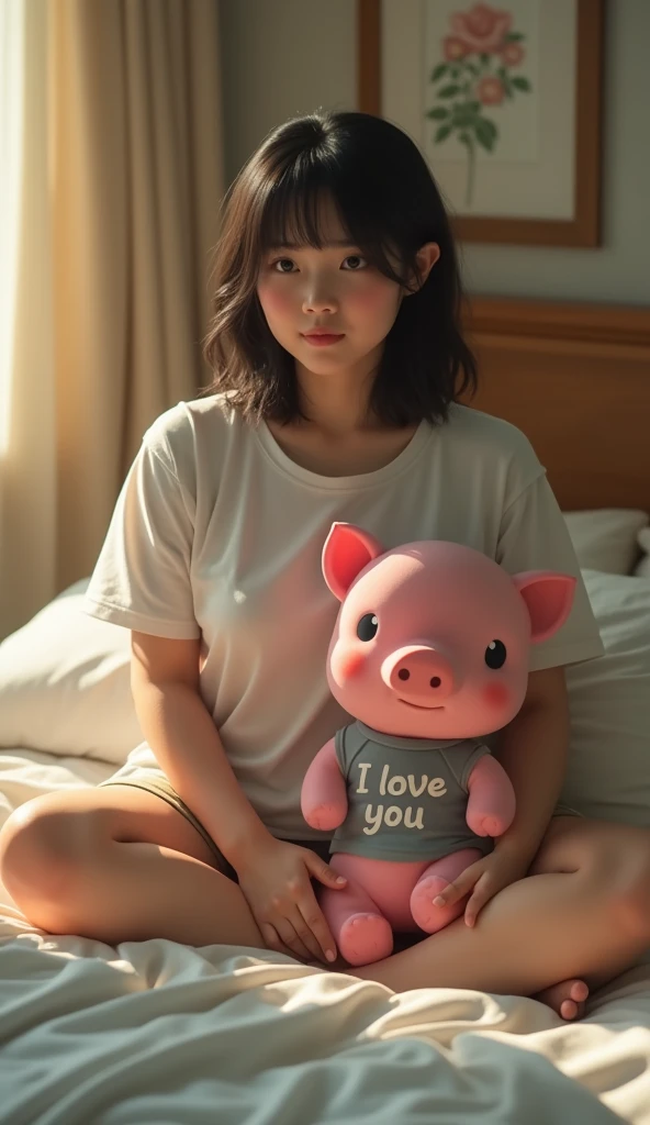 A Japanese woman wearing a round neck T-shirt sitting on the bed,, She has a plump figure, Big Breasts，But not naked, full-body shot, A giant pink pet pig sits next to him，The pet pig is wearing a vest with the letters &quot;I love you&quot; printed on it，Hyperrealism，Movie Lighting, glow，32K