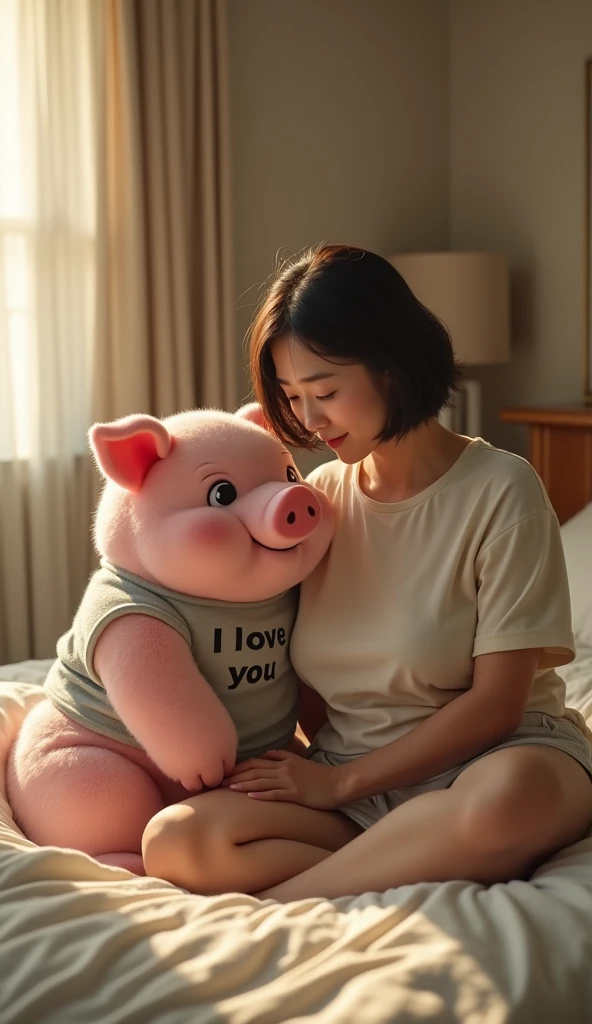 A Japanese woman wearing a round neck T-shirt sitting on the bed,, She has a plump figure, Big Breasts,But not naked, full-body shot, A giant pink pet pig sits next to him,The pet pig is wearing a vest with the letters "I love you" printed on it,Hyperrealism,Movie Lighting, glow,32K