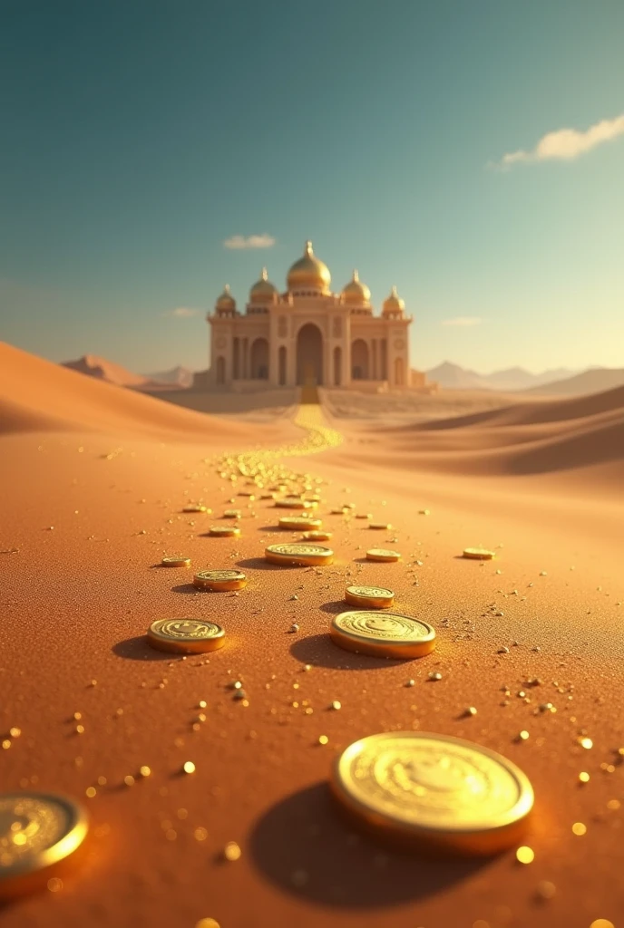 make a cinematic, realistic image of a big desert showing some gold coins spread on sand. And far away a palace situated