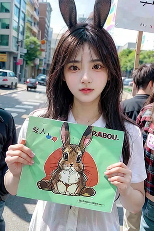 Bunny girl holding a placard