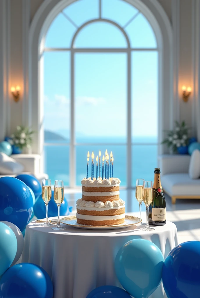 Create an image of a table in a luxurious seaside room , on this table is a birthday cake with white and blue candles champagne glasses and a champagne on the side, blue and white balloons in the environment . 