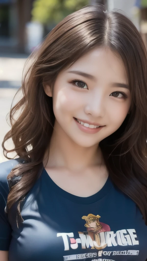 8k,Highest quality,(masterpiece:1.2),(Realistic),(Realistic:1.37),Ultra-high resolution,1 female college student,smile,Long Wavy Hair,Beautiful Eyes,Beautiful teeth alignment, In town,(((T-Shirts))),Big Breasts,Perfect body,Perfect Fingers,Professional Lighting,gravure,Detailed face and skin texture,fine grain,RAW Photos
