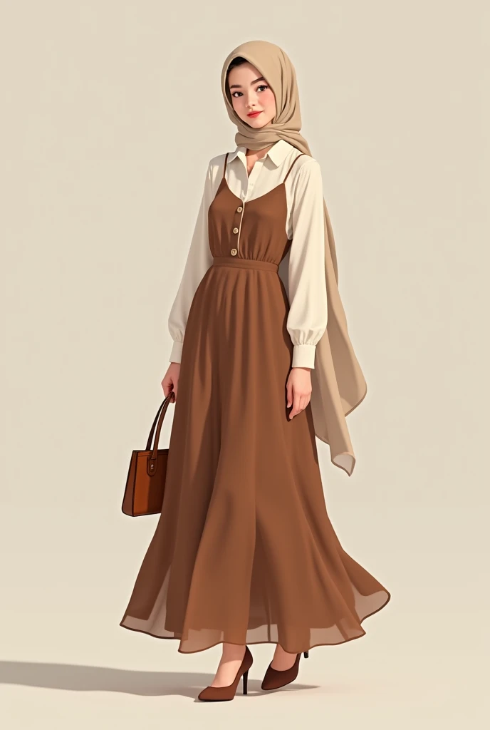 A girl wearing long brown chiffon cami dress with cream button down shirt underneath cream hijab that is tied back brown handbag and heels matching the dress colour