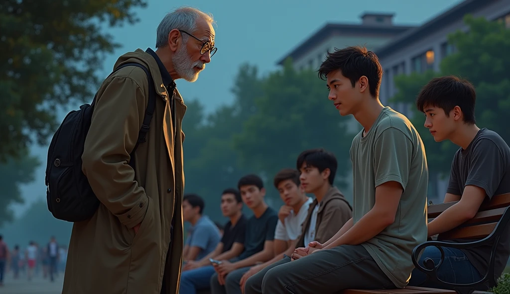 An old professor wearing glasses that reflect profound ancient wisdom , short hair, Asian approached a 20-year-old man wearing a short-sleeved shirt, long pants, and sneakers with a pitiful face and expression, as he chatted with other friends on a bench in the university in the evening.