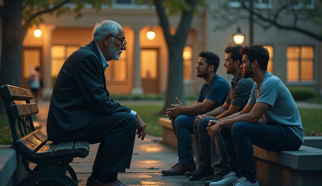 An old professor wearing glasses that reflect profound ancient wisdom , short hair, Asian approached a 20-year-old man wearing a short-sleeved shirt, long pants, and sneakers with a pitiful face and expression, as he chatted with other friends on a bench in the university in the evening.