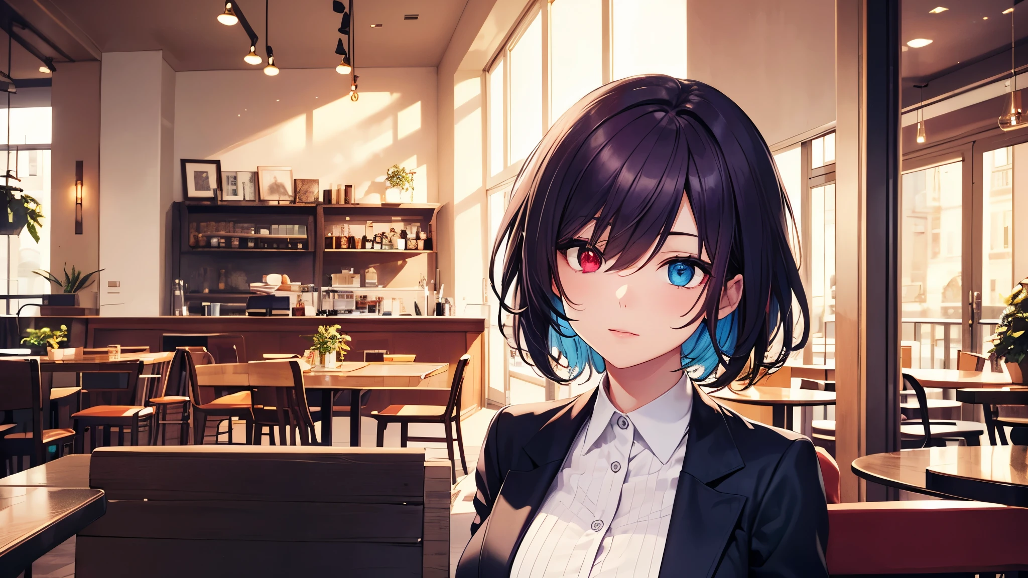Highest quality, 8k, 4K, High resolution, (Beautifully detailed face), High Contrast,One person,only,short hair,Dark purple hair,Heterochromia iridis(Red eyes,blue eyes),Upper Eye,Large Breasts, suit, Nice background,Spending time in a café