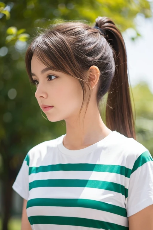 girl, Brown hair in a ponytail, White T-shirt with green stripes, White Dragon