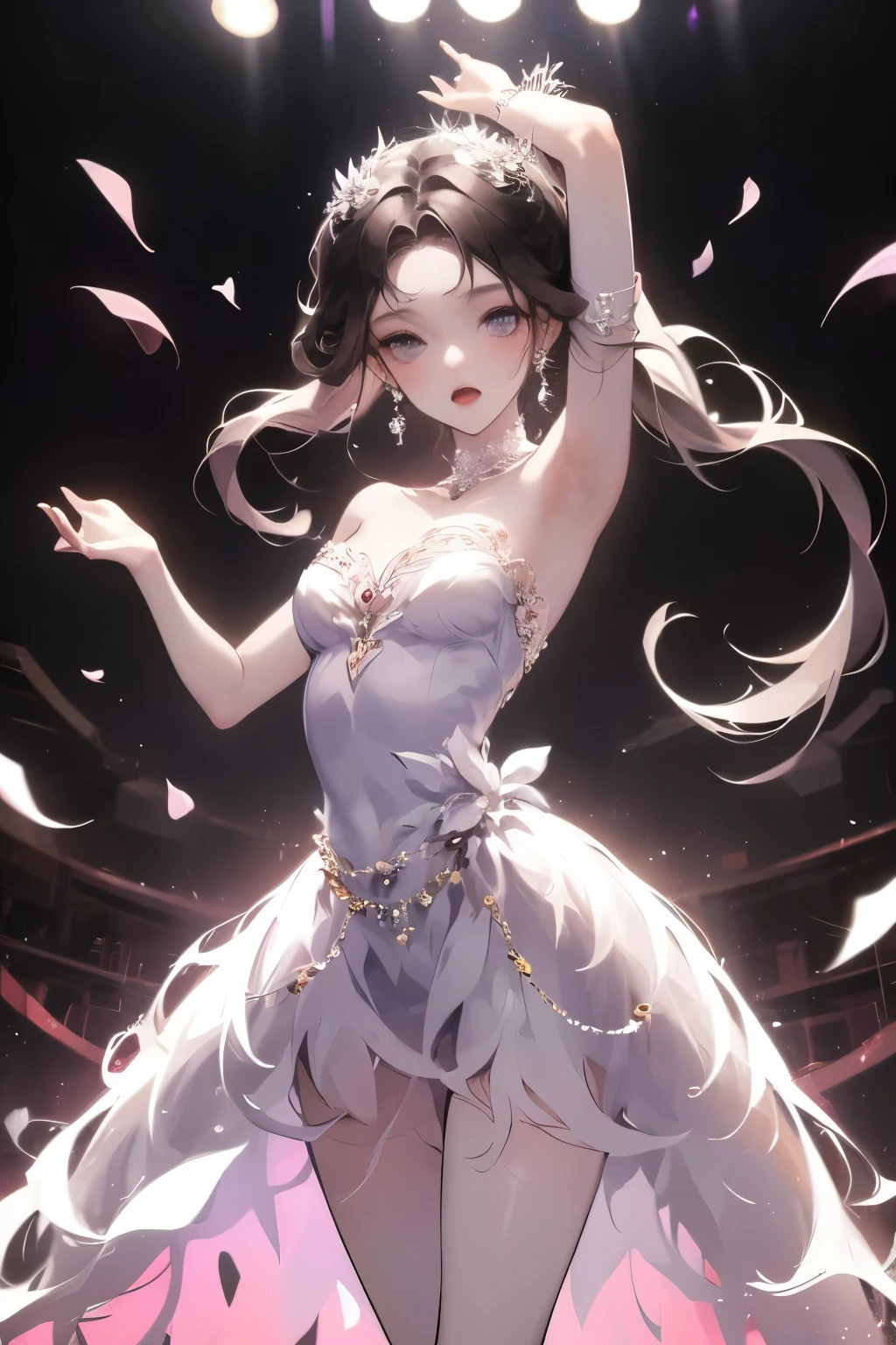 Girl ballerina black swan。Scenes、Dynamic poses、Stage lighting、Petals in the sky、Absurdity,Exquisite hair accessories,gem