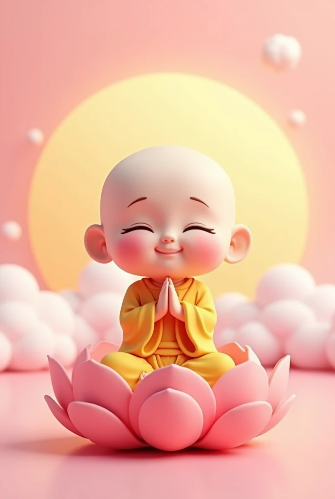 Cute cartoon little Buddha sitting on a lotus flower，Close your eyes, clasp your hands together and smile in a prayer pose，Pink background with clouds，Behind the cute characters is the bright sun，Soft light color，3D Rendering，Cute cartoon in digital art style，high resolution，Detailed texture，Cheerful atmosphere，Pink sky，Pink cloud pattern，White space around the character。