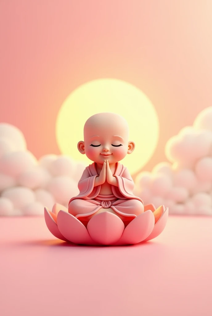 Cute cartoon little Buddha sitting on a lotus flower，Close your eyes, clasp your hands together and smile in a prayer pose，Pink background with clouds，Behind the cute characters is the bright sun，Soft light color，3D Rendering，Cute cartoon in digital art style，high resolution，Detailed texture，Cheerful atmosphere，Pink sky，Pink cloud pattern，White space around the character。