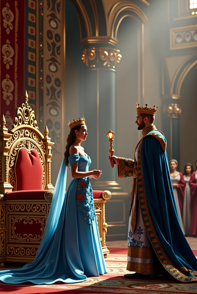 Woman in blue dress about to be crowned by the king who is standing in front of his throne holding a coronation scepter in a beautiful castle 
