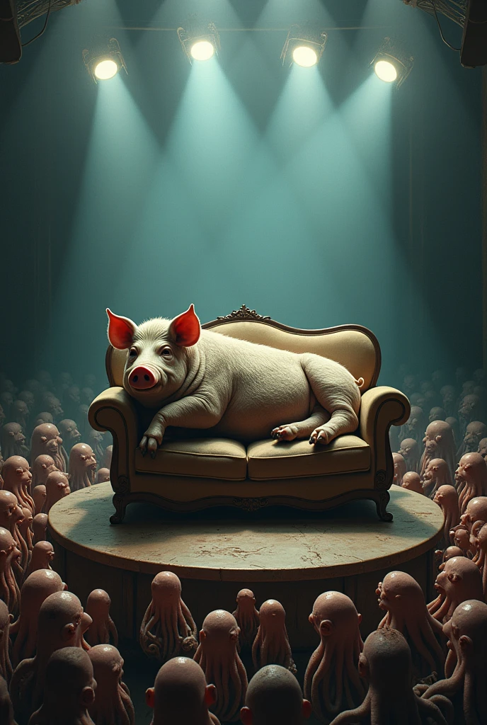 thick, dirty pig lies on a round stage on an old sofa,  spotlights and floodlights, illuminate. Down below, around the stage, there is a crowd of squids listening to the pig., move their tentacles, Realism, drawing details professional photo,  In detail