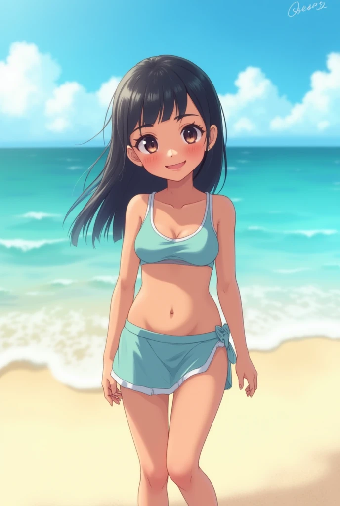 One Girl,No sleeve,Hair is straight,smile,The background is the beach,(child:1.7),Innocent face,Light blue short skirt,bright,Sandy Beach,Swimwear,smile,Black Hair