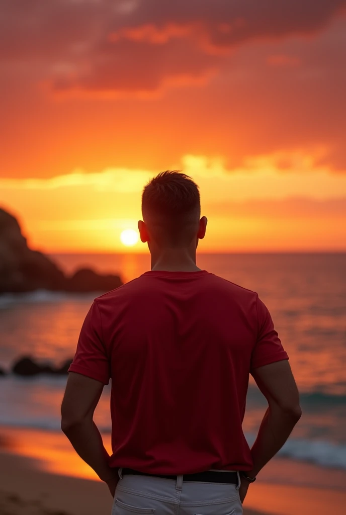 Realistic , handsome male, 40years, crew cut dark hair, brown colored eyes, clear face and tan skin,red shirt and white pants, watching the sunrise on the Algarve beach, red sky in the morning, red atmosphere