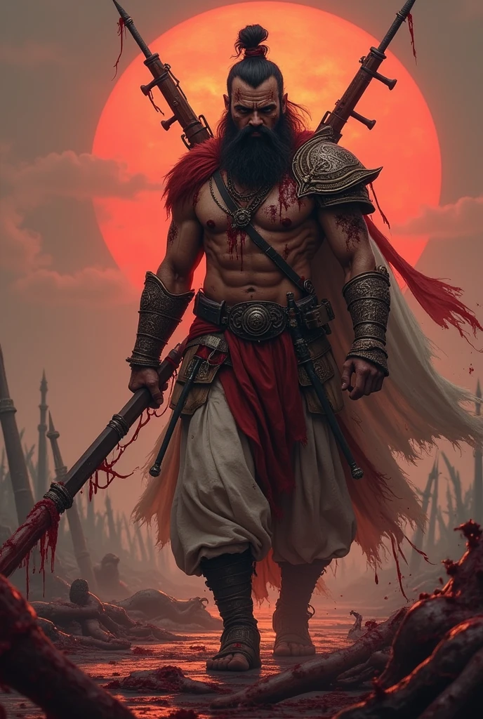 A ancient warrior of Mahabharat wearing a face mask, after winning a war coming out with multiple wounds on him with blood pouring out of his body and blood pouring out with guns and swords on his back ..A sun with blood stains setting in the background ..
blood splashing/spurting along the body of the lead
He is the only one left in the battlefield of kurukshetra and has many Dead bodies in the background