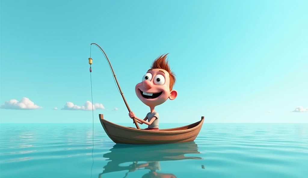 3D caricature fishing on a boat in the sea and striking again