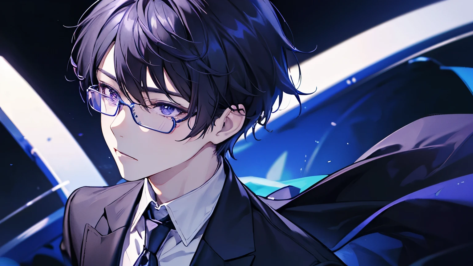 One Man、Close-up of face、Rin々Shii、Dark Brown Hair、Short Hair、Purple Eyes、In a suit、Blue tie、The right eye is hidden by bangs、Glasses、Multiple eyes on face