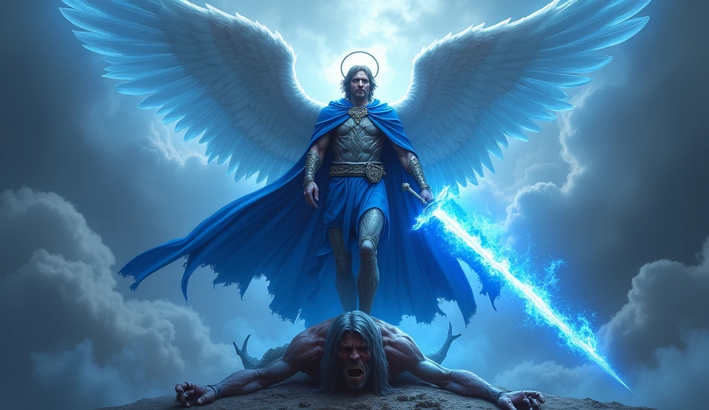 ultra realistic image of archangel michael blue cape, with his blue flame sword, stepping on the head of the demon who is lying prostrate on the ground, around his head a halo with blue light, convey depth, in the background your guardians of the blue light