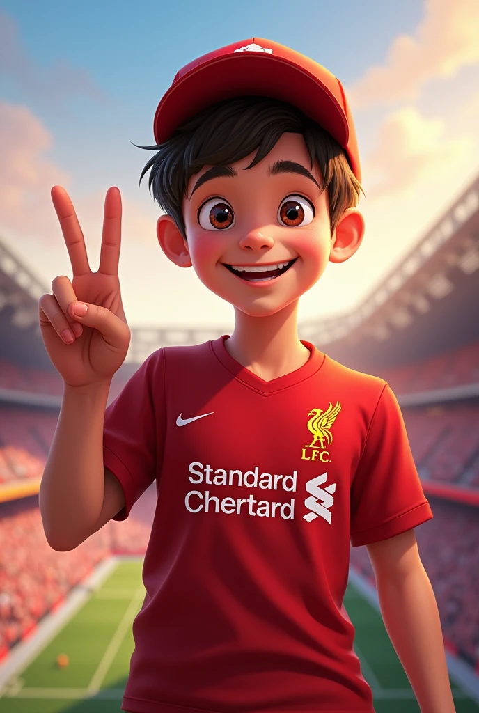 A boy with short hair, cheerful, Disney style, holding up two fingers on one hand and wearing a Liverpool cap. Wearing a Liverpool football shirt standing in cartoon style illustration Detailed and colorful High quality, realistic photography dynamic poses color