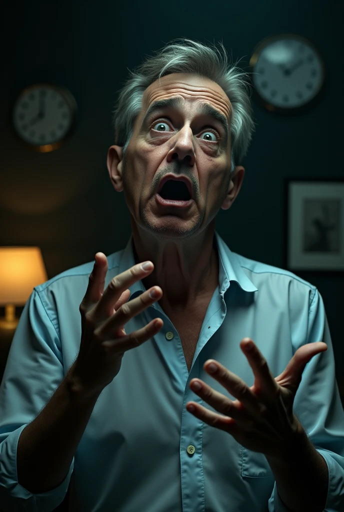 Man looking at a clock and some scary fingers on his neck and he got scared