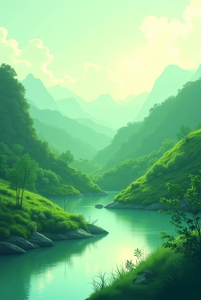 Please help me create a 9:16 background image, the main color is green, very artistic and eye-catching, creating a pleasant feeling, used to make cards.