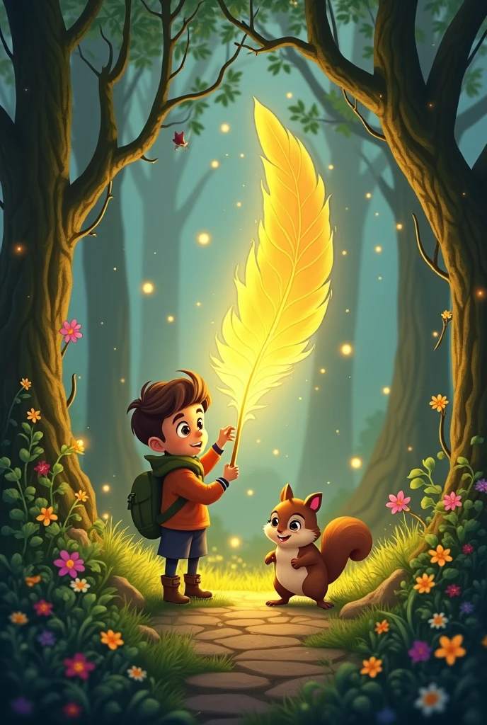Setting the Scene:
"Imagine a magical forest where a young boy named Leo and his clever squirrel friend Nibbles discover a glowing golden feather that holds the power to grant a single wish."