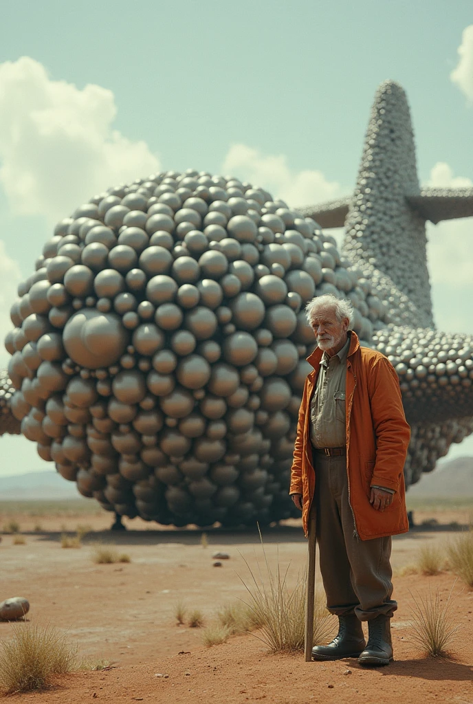 A old man made a airoplane from thousands of balls.