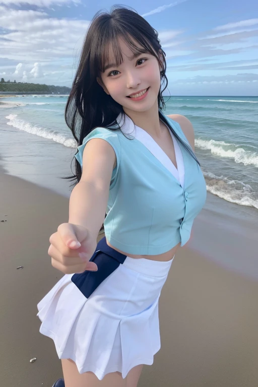 RAW Photos, (8k), (Highest quality:1.2), (Genuine), (Genuine:1.37), Ultra-high resolution, High school girl selfie, (One Woman, half Korean and half Ukrainian, 80% Korean, she is standing on the beach. RAW Photos, 8k, Highest quality, Ultra-high resolution, Beautiful facial details, Genuine human skin, Gentle expression, front, Angle from below, Hair length, Genuine, cute, Short skirt, Ocean, cute high school girl, she is a little wet with Ocean water in Japanese uniform, kimono, surGenuine high school girl, Lesbians around the world, Big Breasts, Upper Body, Face close-up, Big smile