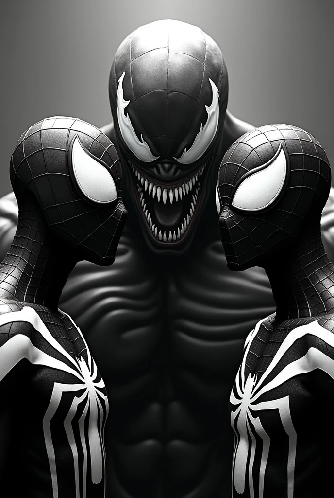 A two black and white spidermans looking to venom with shocked face
