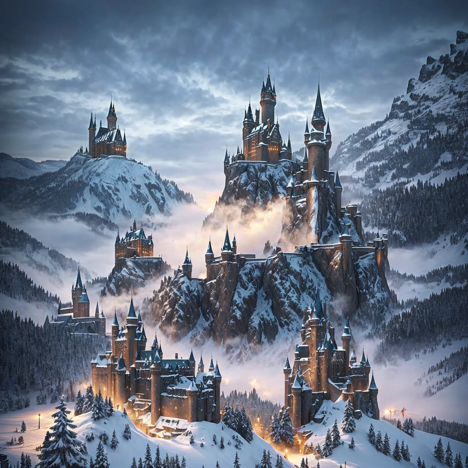 Night scene of a castle with a snowy sky, fundo de hogwarts, medieval city background, fundo do castelo, Hogwarts Legacy, medieval castle background, hogwarts setting, a medieval city, epic castle with tall towers, winter concept art, magical concept art highlight, castelo de hogwarts, castle setting, medieval city, Hogwarts 2 0 7 7, high fantasy castle, manga castle scene