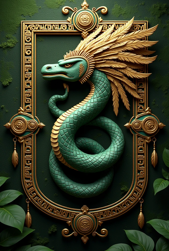 Coat of arms with the Aztec theme of the god Quetzalcoatl in moss green and gold colors