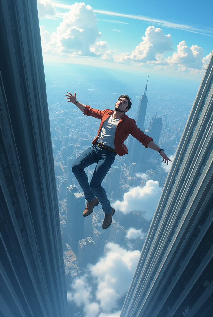 Man falling from the top of the building seen from afar in anime drawing hd
