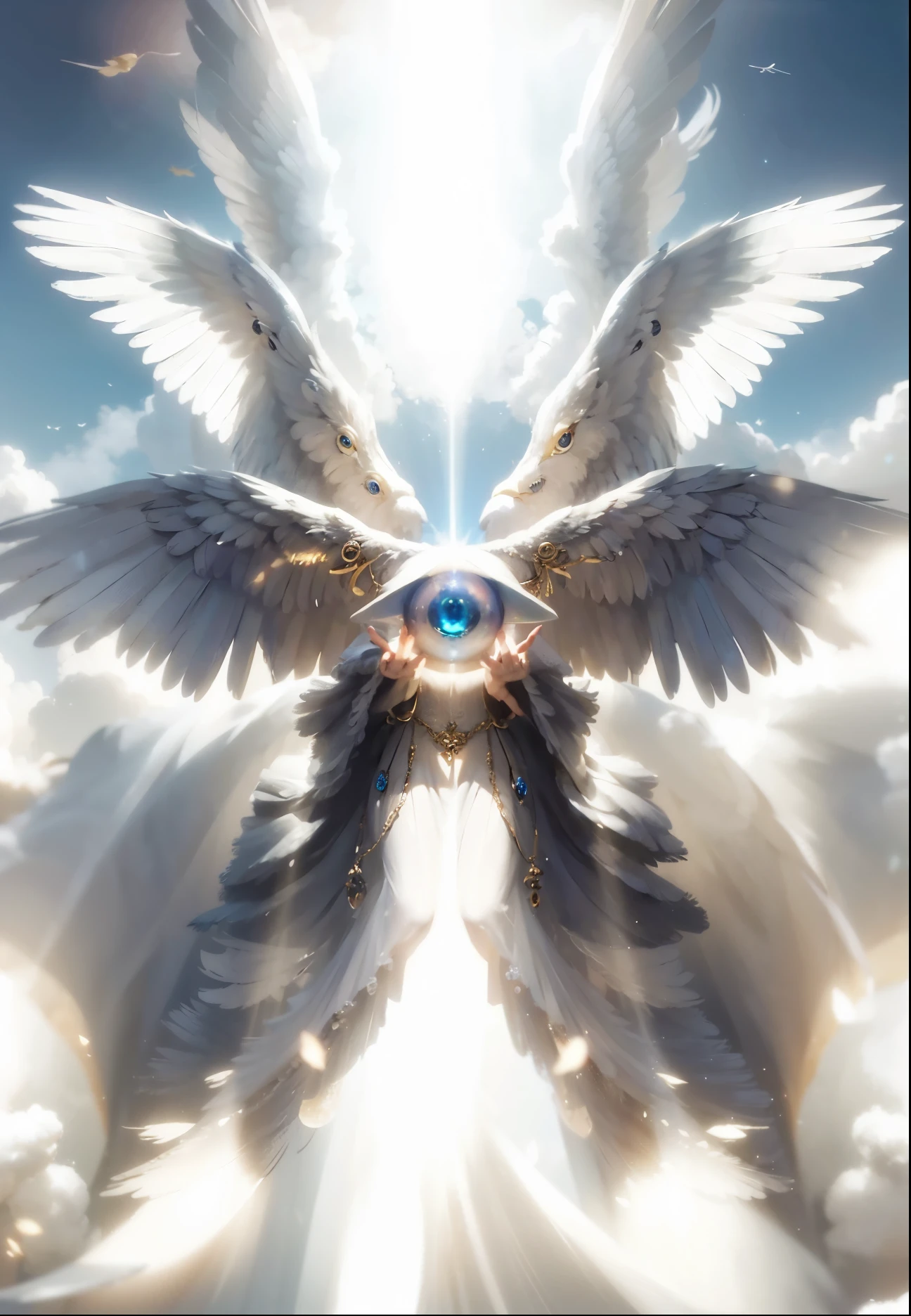 Photo image of a bird with wings flying in the sky, infinite Angelic wings, Symmetrical epic fantasy art, Ophanim has the wings of a bird, Infinite Angelic Wings, Angelic, Multiple Eyes, Angel in the Sky, god々Perspective of, some cosmic angels, Unrealistic vision, sparkling bird eyes, ethereal Angelic being of light, A pigeon flies into the portal,cherubim,cherubim,cherubim