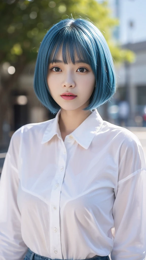 SeaArt Bot Txt2Img Default 21:52:48 High Quality、Japanese women、Beauty、cute、（Blue color bob cut hairstyle:1.5）、Small face、Beautiful skin、Large breasts、Reality Stick、Rei Ayanami、White shirt、A shirt that is closed at the front、Sexy look、Blue Hair
