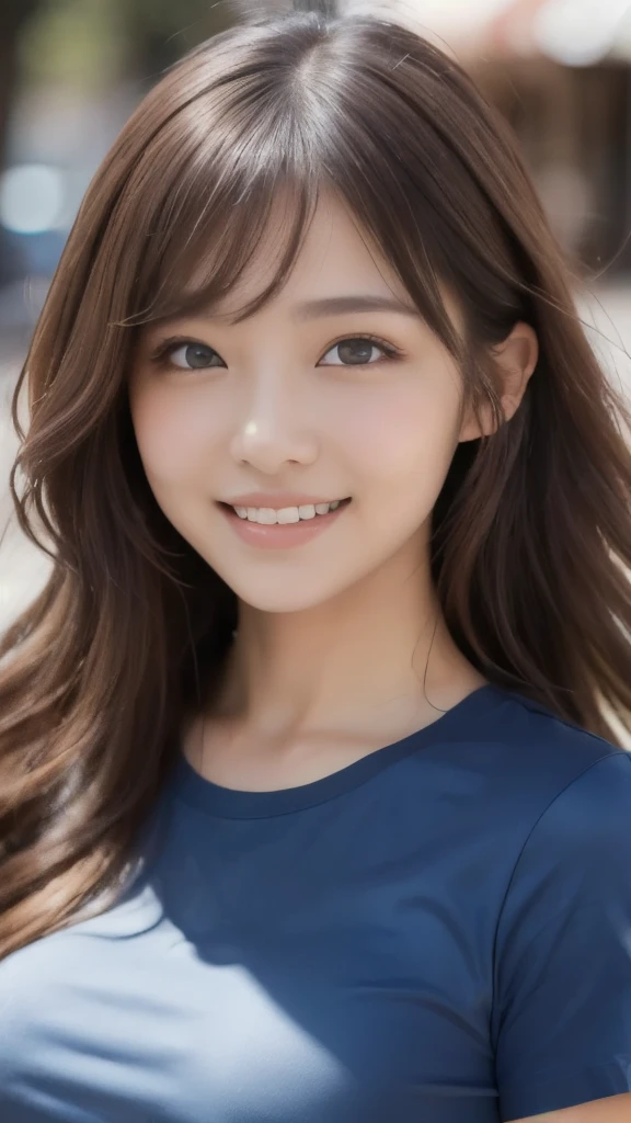 8k,Highest quality,(masterpiece:1.2),(Realistic),(Realistic:1.37),Ultra-high resolution,1 female college student,Long Wavy Hair,smile,Beautiful Eyes,Beautiful teeth alignment, In town,(((T-Shirts))),Big Breasts,Perfect body,Perfect Fingers,Professional Lighting,gravure,Detailed face and skin texture,fine grain,RAW Photos