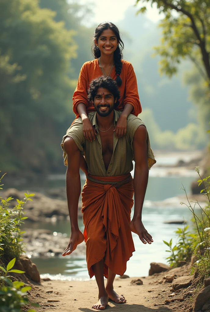 Beautiful and smiling Typical indian village ragpicker young woman carrying a large man on her head, man is sitting on her shoulders, nearby a river
