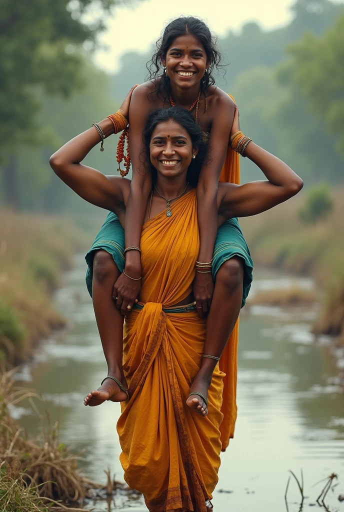 Beautiful and smiling Typical indian village ragpicker young woman carrying a large man on her head, man is sitting on her shoulders, nearby a river