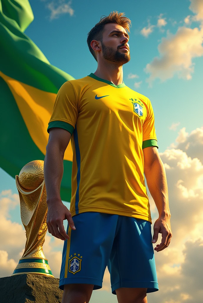 A man with a brazil jursy and baground brazil fluge and beatyful sky beside a toffy fifa world cup