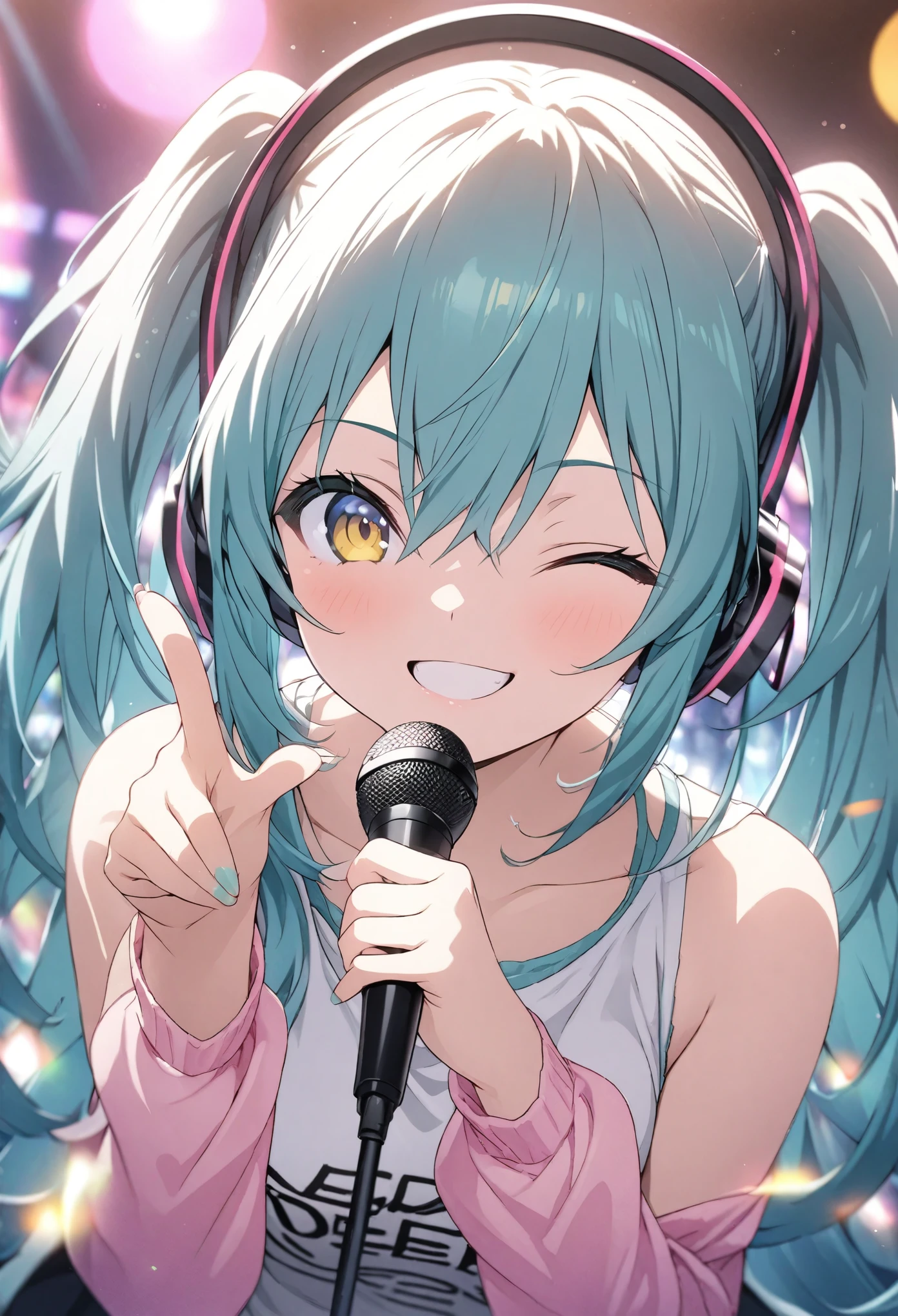 Hatsune Miku、masterpiece, Highest quality, Highly detailed CG Unity 8K wallpapers, High School Girl Anime Illustration. headphone microphone、Finger gun pose、she has her eyes closed and mouth open, smile. The background is a live stage with neon lights shining, white hair color, Yellow Eyes, The depth of deep writing、bokeh photography, (soft focus):1.2, out-of-focus highlights, dreamy ambiance, glowing circles, mesmerizing depth、Deep depth of field