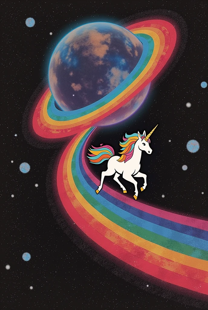 Retro pop style。A fluorescent planet on a black cosmic background，A unicorn with rainbow-colored mane and white body is running on the road extending from the rainbow-colored star ring