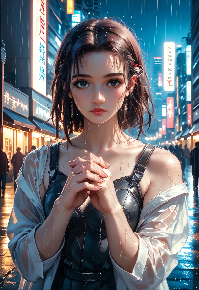 8k, RAW photo, best quality, masterpiece:1.2),(realistic, photo-realistic:1.37),Tokyo street,night, rain, wet,cityscape,night, cyberpunk city,soft light,1girl,, extremely beautiful face,bust,put down hands,Random hairstyle,Random hair color,Random expression,pigsney