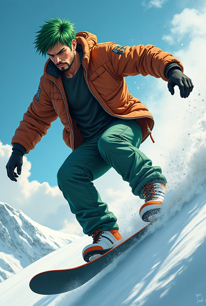 male Asian Face adult Muscular Cool face Green Hair Snowboarding Short Hair flying Anime Style Beard