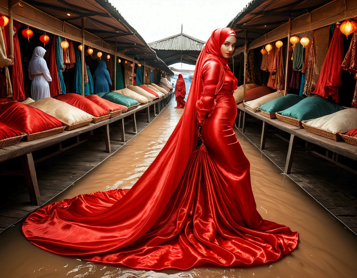 A woman shrouded in a 9-meter-long, plush red satin cloth, tightly bound and grandly draping along the form of her body, flowing off into a pooled floor-length train, styled in a mermaid-inspired outfit with ballon sleeve, her head modestly veiled in a satin hijab, tall woman, walk in wet traditional market, a full-body pose conveying a sense of elegance, captured in a 4k resolution, ultra-realistic