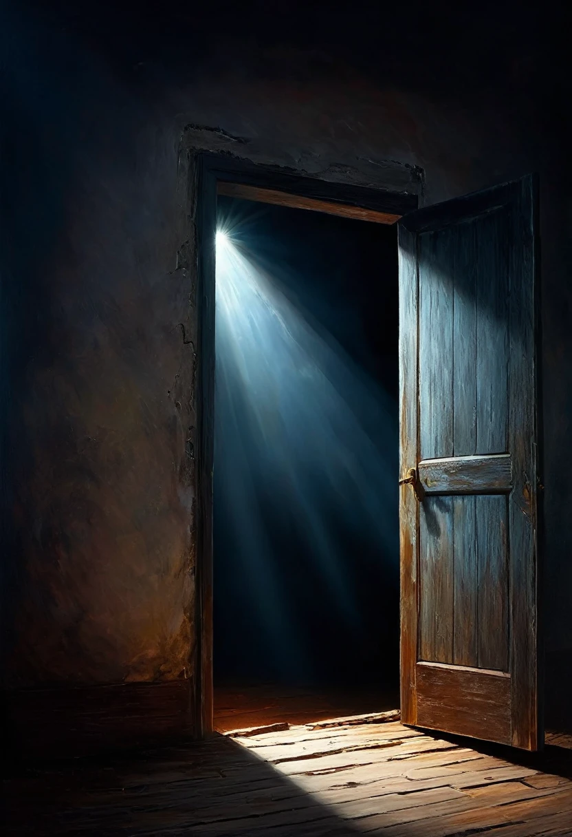 Painting of an open door to another dark world, a magical light pours out of the crack, dark atmosphere, Cinematic scene, volumetric lights, ultra realistic, in the style of Nikola Samori