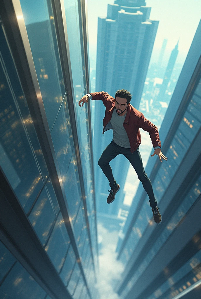 Man falling from the top of the building seen from afar in anime drawing hd