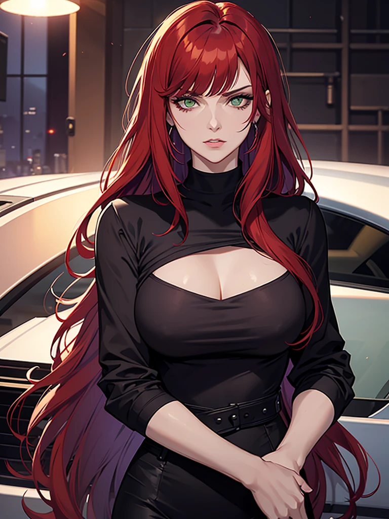 green eyes, red hair with long bangs, noble. wavy long hair. strong woman. she quiet. wear purple and black t shirt. dominant woman. mafia. mature woman. girl boss. badass woman. gangster. hair so long have bangs. gangster