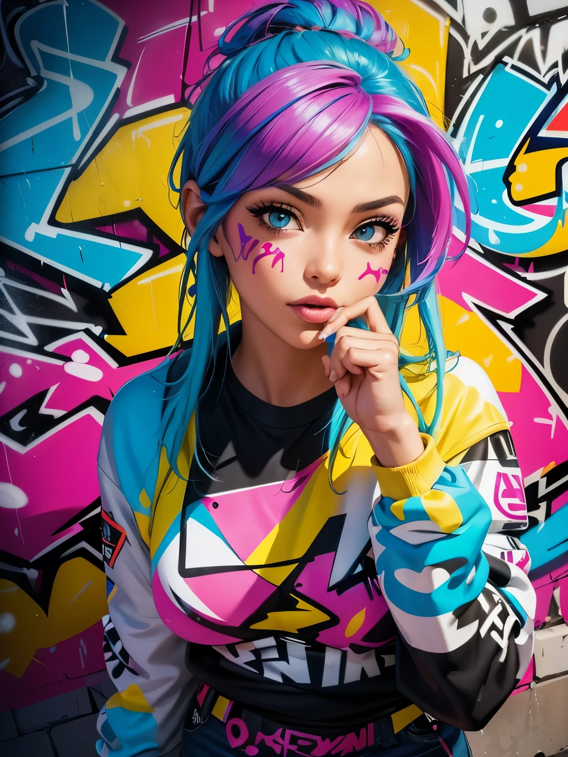 (best quality), (High level of detail), (Vivid colors), (Graffiti-Stil), (Freestyle), (close up shot), (1 girl), sexy female graffiti artist, spraying graffiti on a wall painted with street art, HDR, 4K, 3d, Graffiti art style.