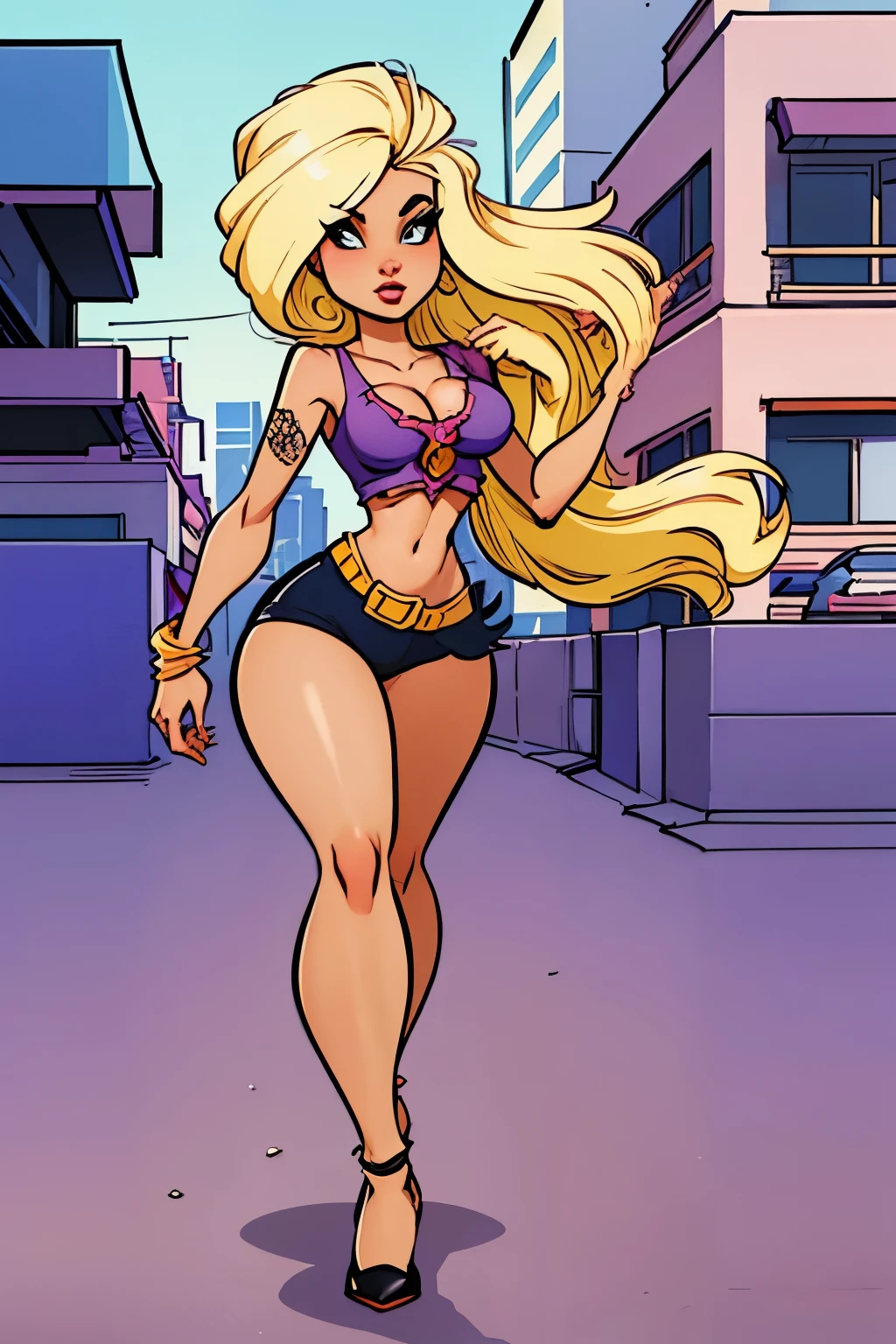 Create an image of a stylized female cartoon character in summer outfit, inspired by the style of a video game like GTA. The figure should appear dynamic and self-confident, with an urban background and a summery atmosphere.“ can you make her blonde with tattoos